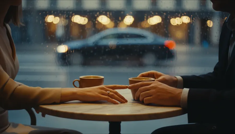 Two hands resting near coffee cups on a small marble café table by a rainy window, fingertips almost touching.
