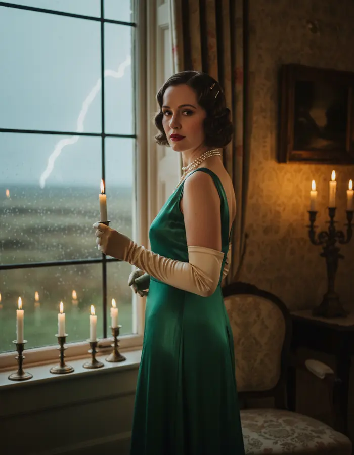 Lady Celia Ravenscar in an emerald 1920s gown holds a candle at a rain-streaked window during a storm.