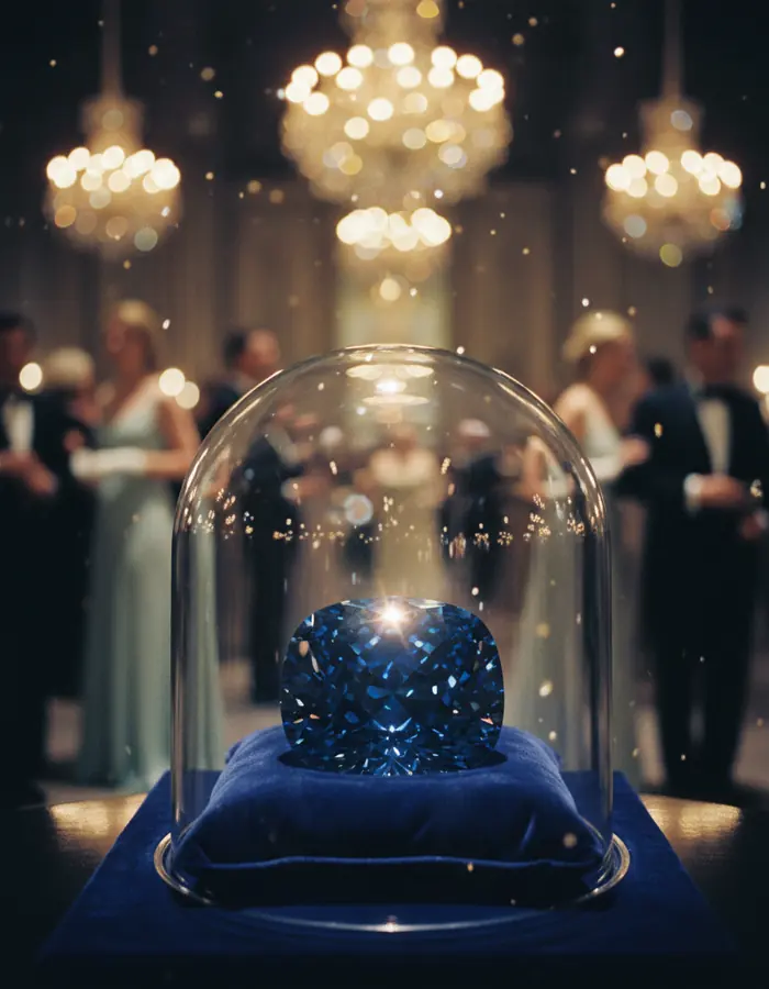 A brilliant blue diamond on dark velvet under a glass dome, gala lights behind.