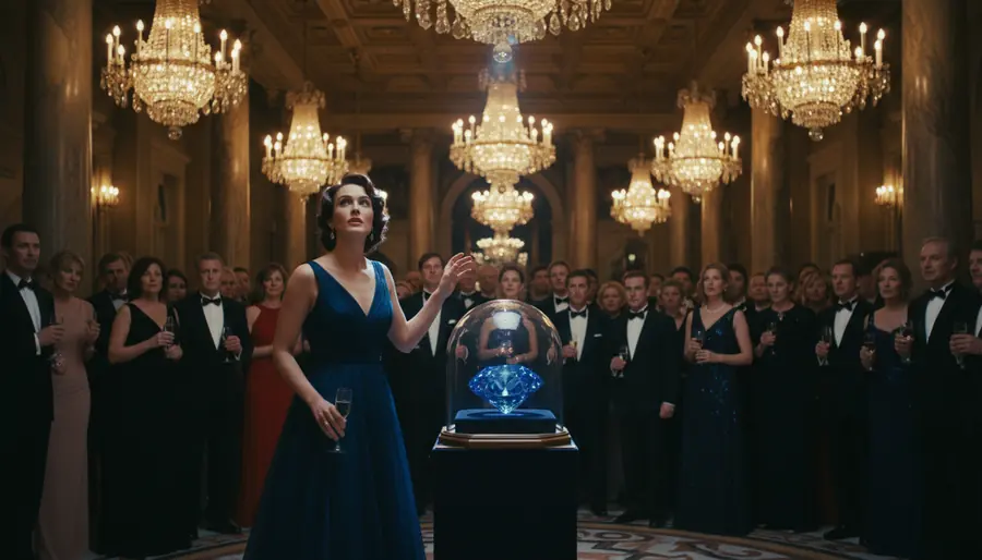 A museum gala under chandeliers; guests in black tie gather around a blue diamond under a glass dome while a woman in a midnight-blue gown looks up.