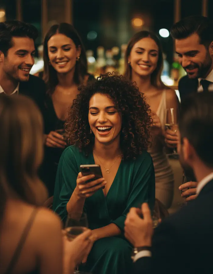 A woman with curly hair laughs with delight, phone in hand, friends around her.