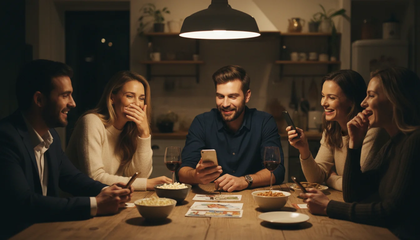 Five friends around a kitchen table at night under a warm pendant lamp, laughing as they play a story on their phones.