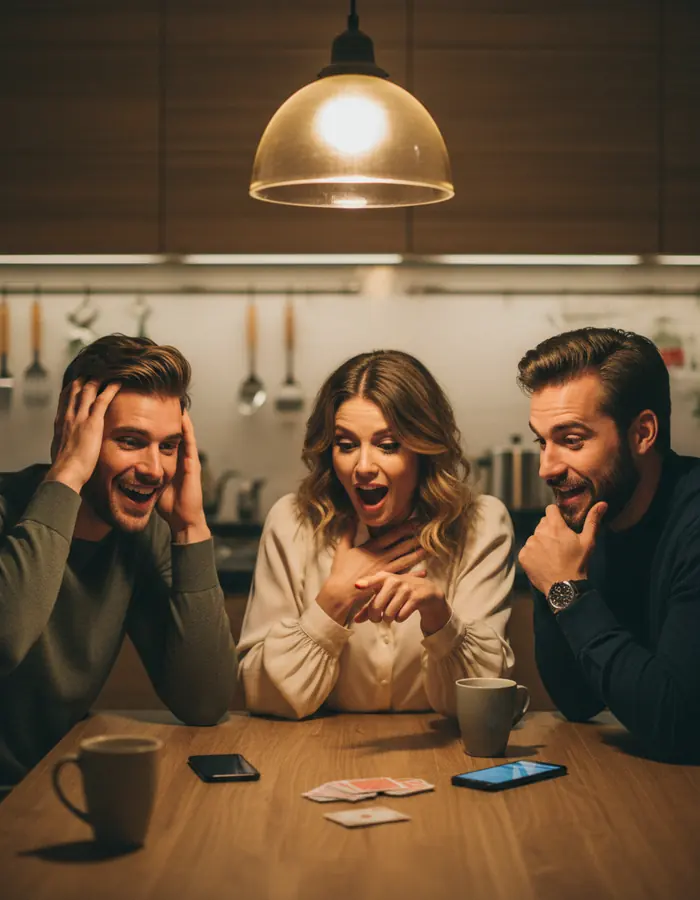 Friends at a table react to a twist: a man with his hands on his head, a woman gasping at her phone.