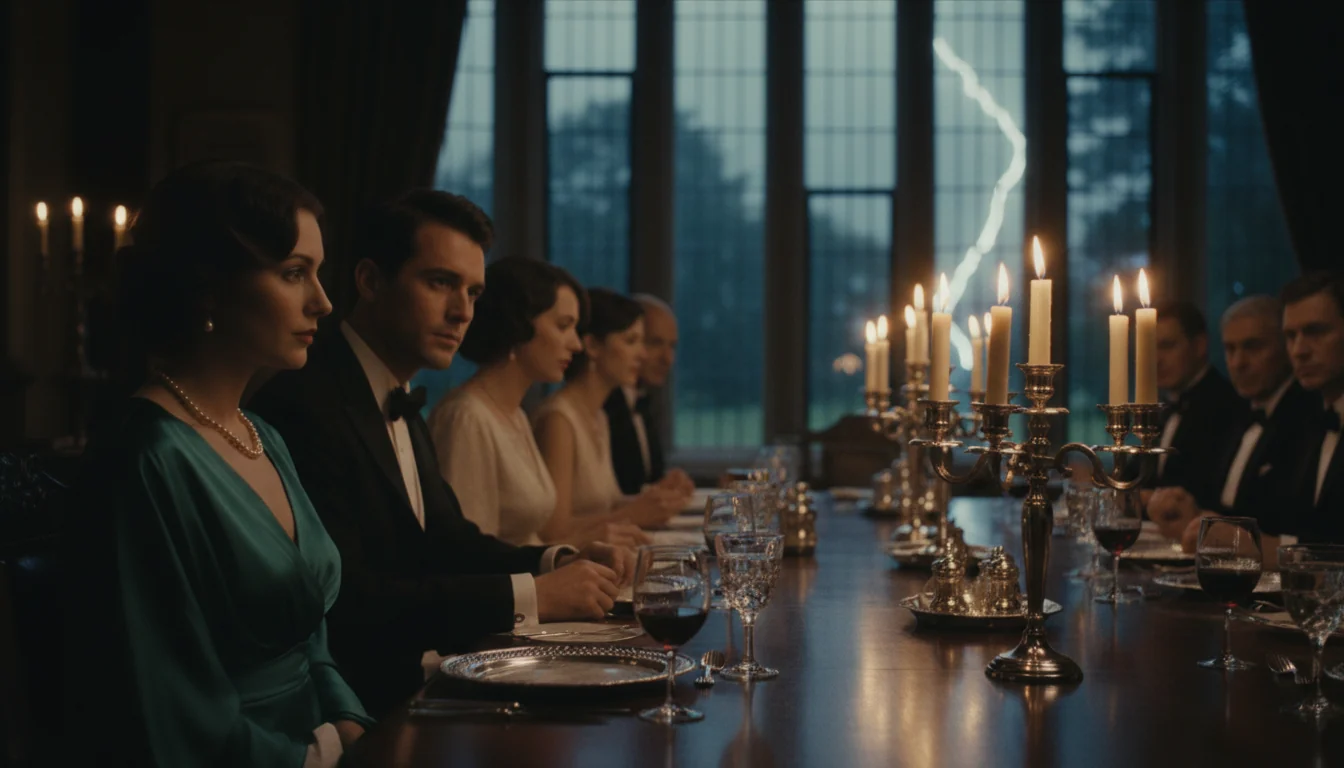 Guests in 1920s evening dress at a long candlelit dinner table; a dark-haired woman in an emerald gown looks toward the head of the table as lightning flashes behind tall windows.