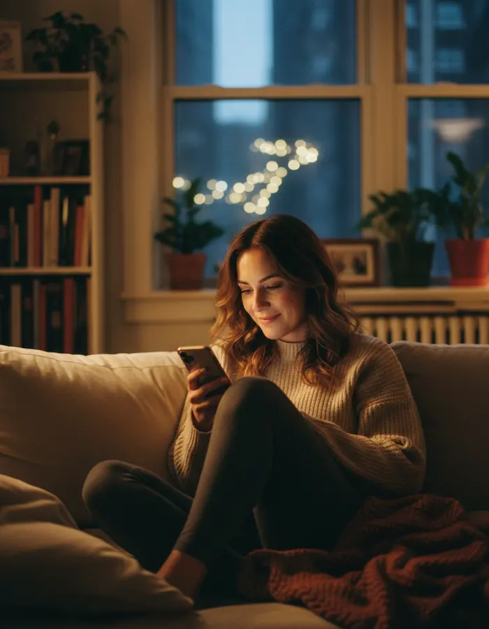 A woman on a sofa at night smiles as she reads a message on her phone.
