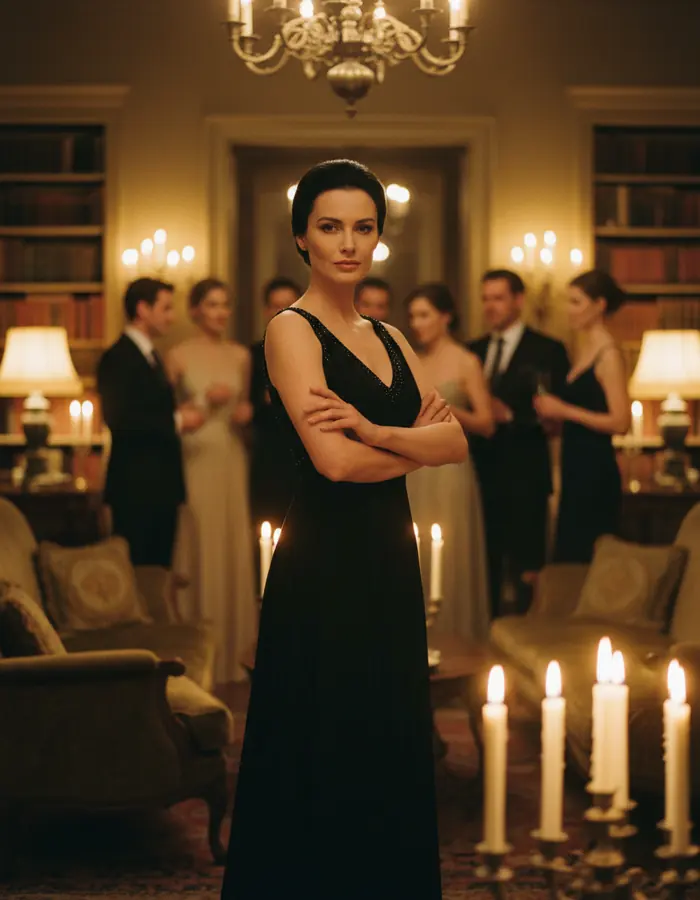A woman in a black evening dress with folded arms gives a cool look across a candlelit room.