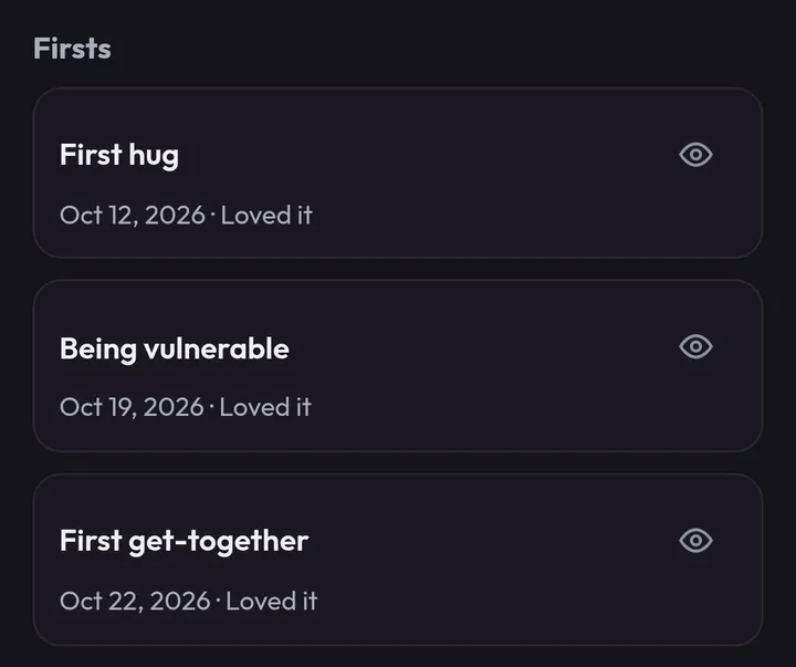 The Firsts list with First hug, Being vulnerable and First get-together, each dated.