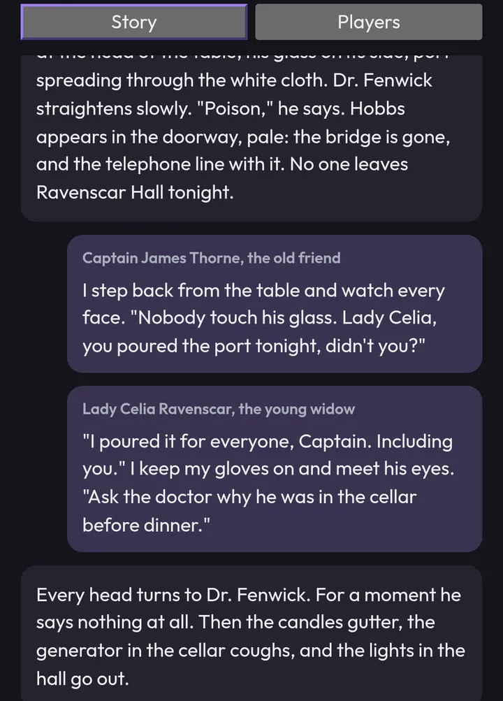 The group table in the app with the Storyteller's narration and each player's move under the part they play.