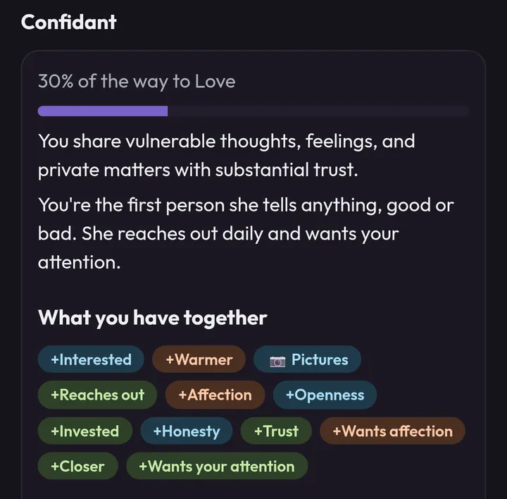 The Relationship page: Confidant, 30 percent of the way to Love, and tags for what you have together.