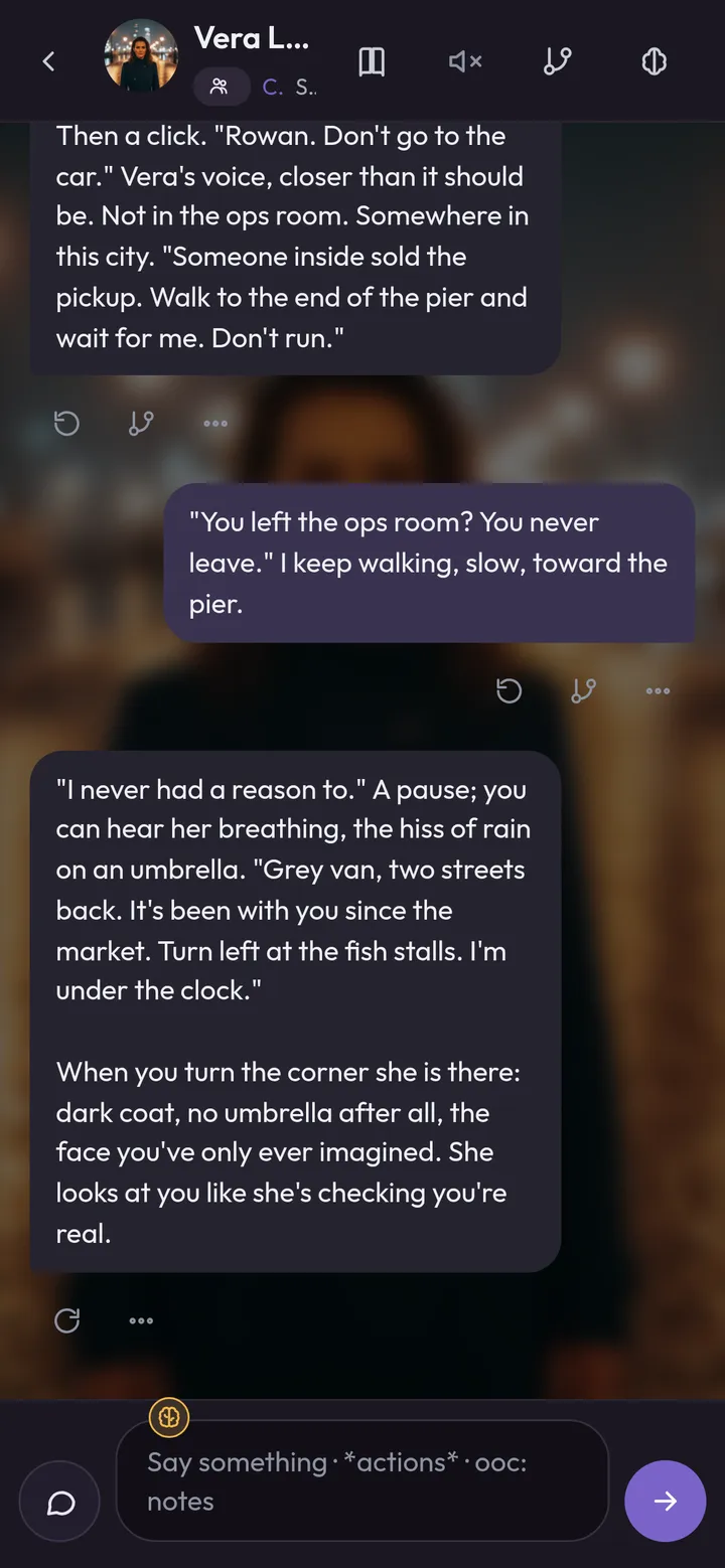 The story screen in the app, mid-way through chapter one of Static on the Line.