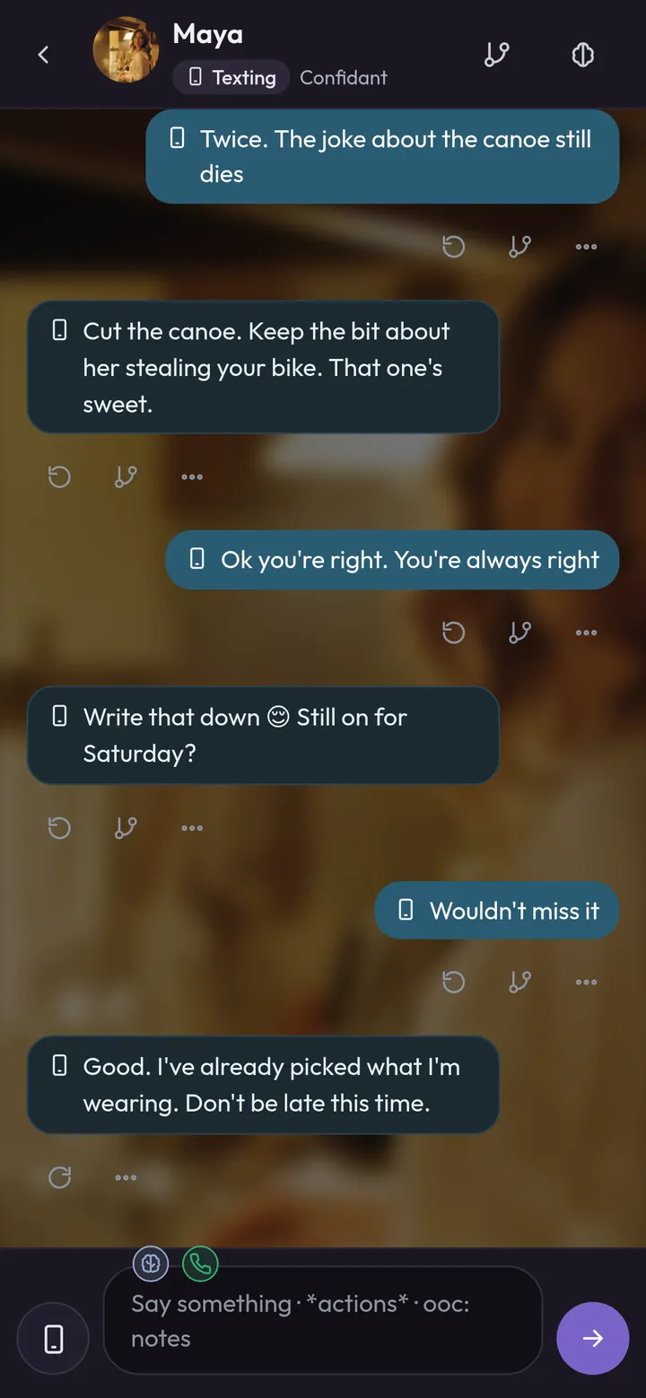 A text thread with Maya about his toast and their Saturday plans.