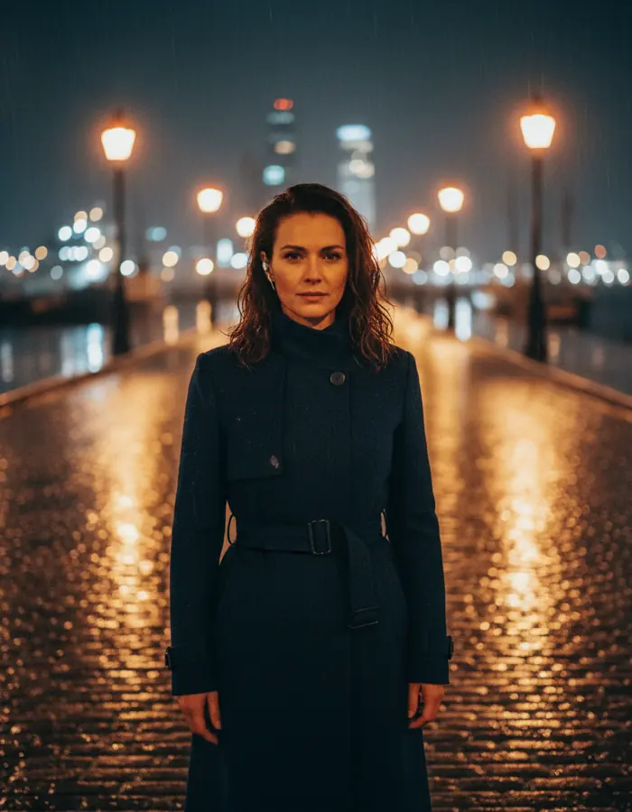 Vera in a dark trench coat on a rain-soaked harbour street at night.